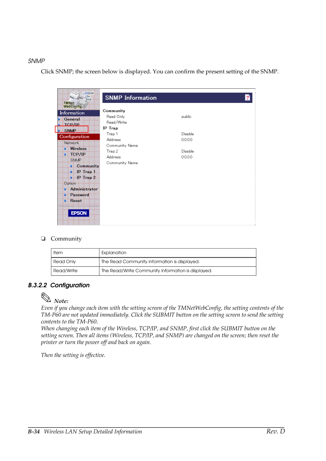 Epson TM-P60 manual Snmp, Configuration 