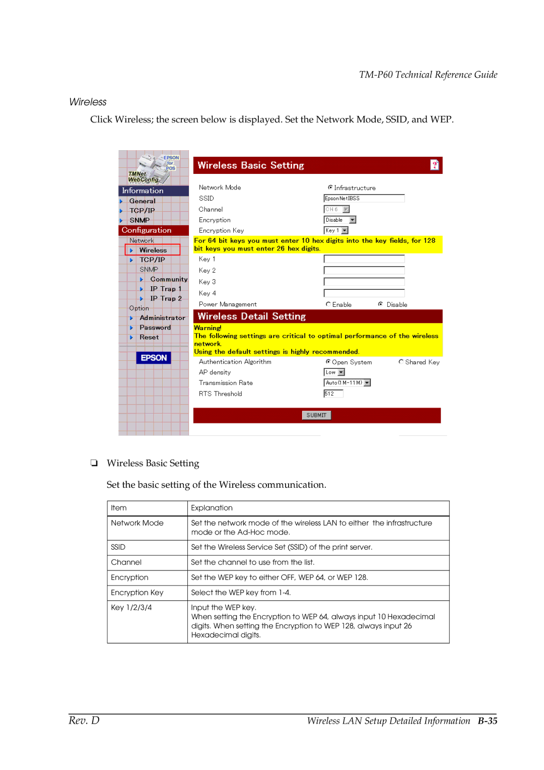 Epson TM-P60 manual Wireless LAN Setup Detailed Information B-35 