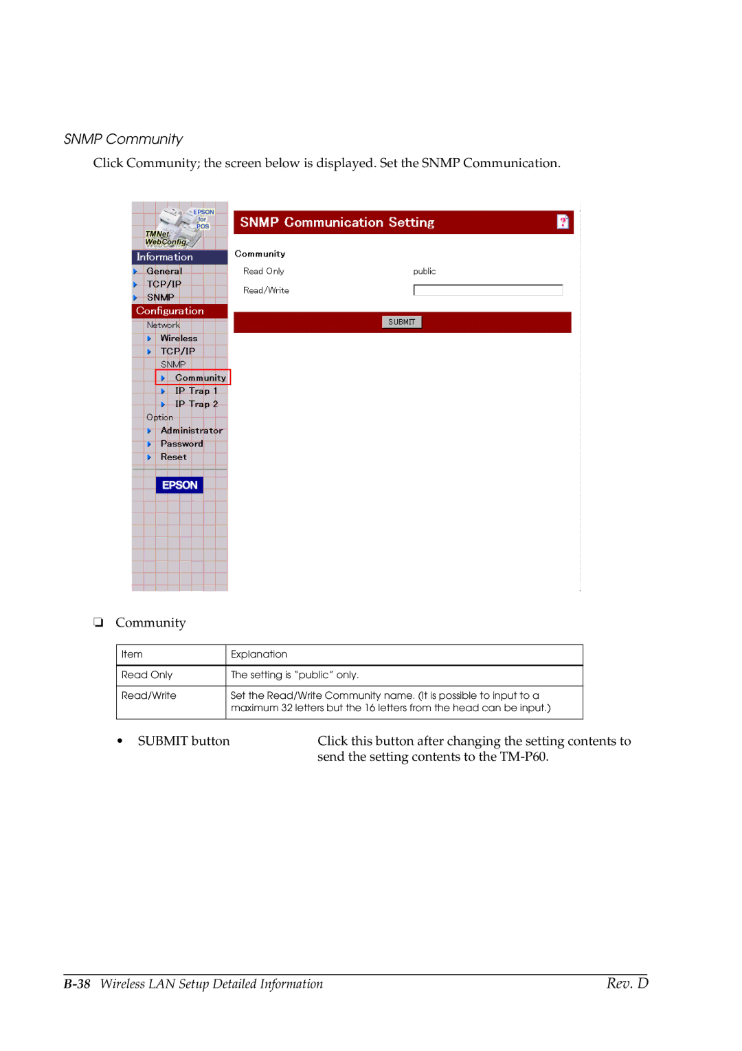 Epson TM-P60 manual Snmp Community 