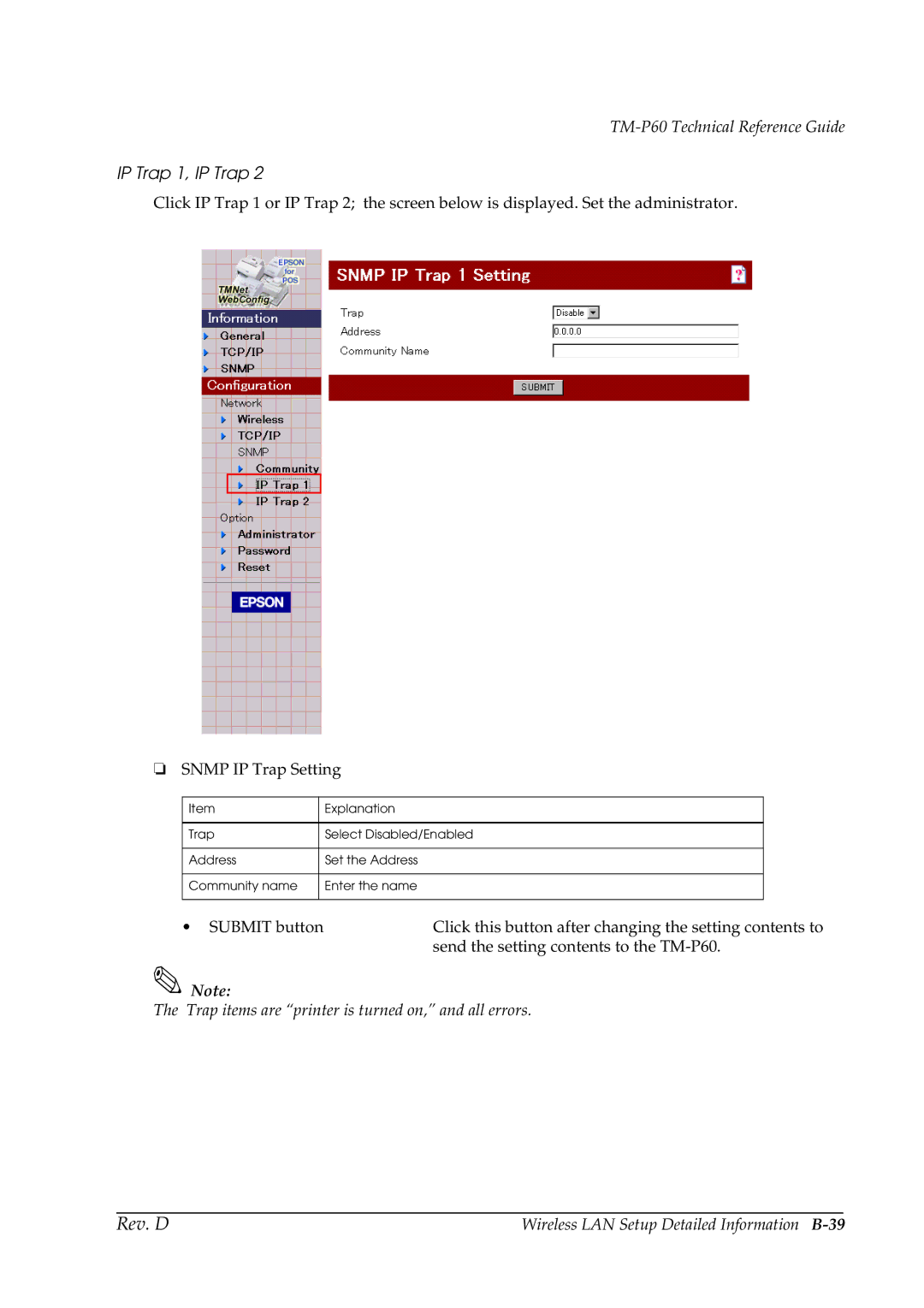 Epson TM-P60 manual IP Trap 1, IP Trap, Trap items are printer is turned on, and all errors 