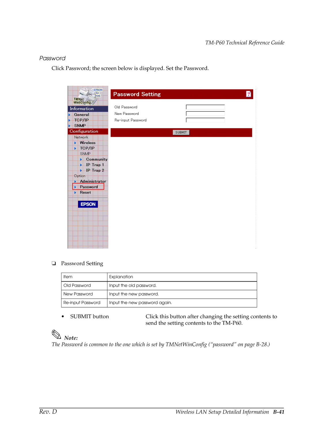 Epson TM-P60 manual Password, Wireless LAN Setup Detailed Information B-41 