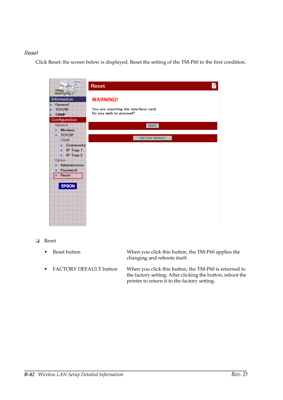 Epson TM-P60 manual Reset 