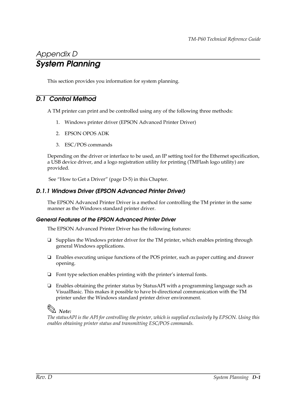 Epson TM-P60 manual Control Method, Windows Driver Epson Advanced Printer Driver, System Planning D-1 