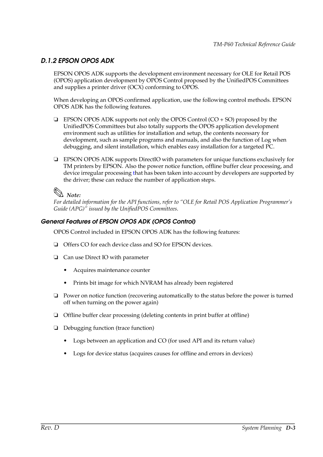 Epson TM-P60 manual General Features of Epson Opos ADK Opos Control, System Planning D-3 