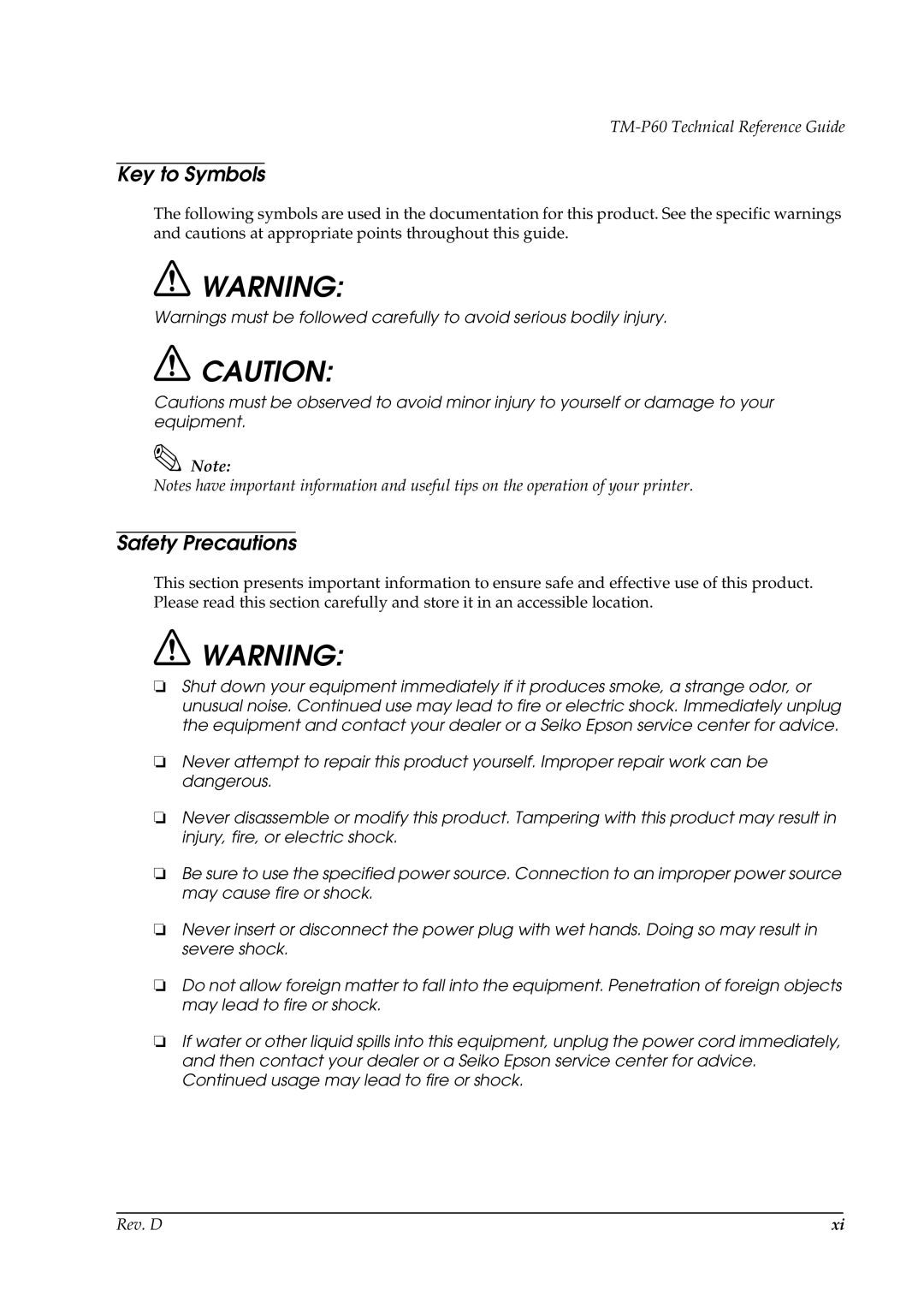 Epson TM-P60 manual Key to Symbols, Safety Precautions 