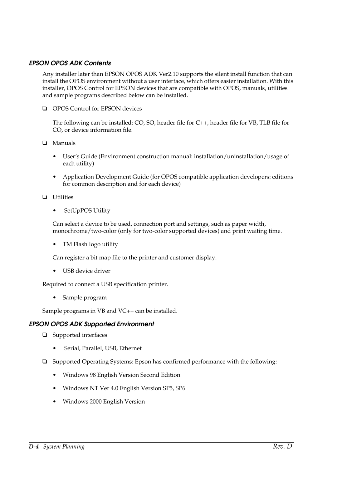 Epson TM-P60 manual Epson Opos ADK Contents, Epson Opos ADK Supported Environment 