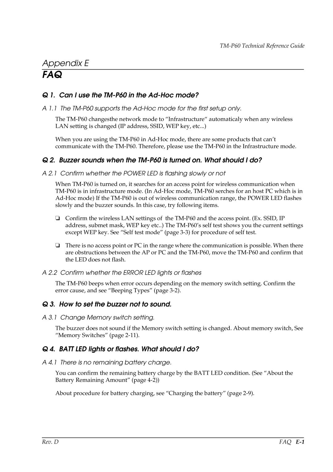 Epson manual Can I use the TM-P60 in the Ad-Hoc mode?, How to set the buzzer not to sound 