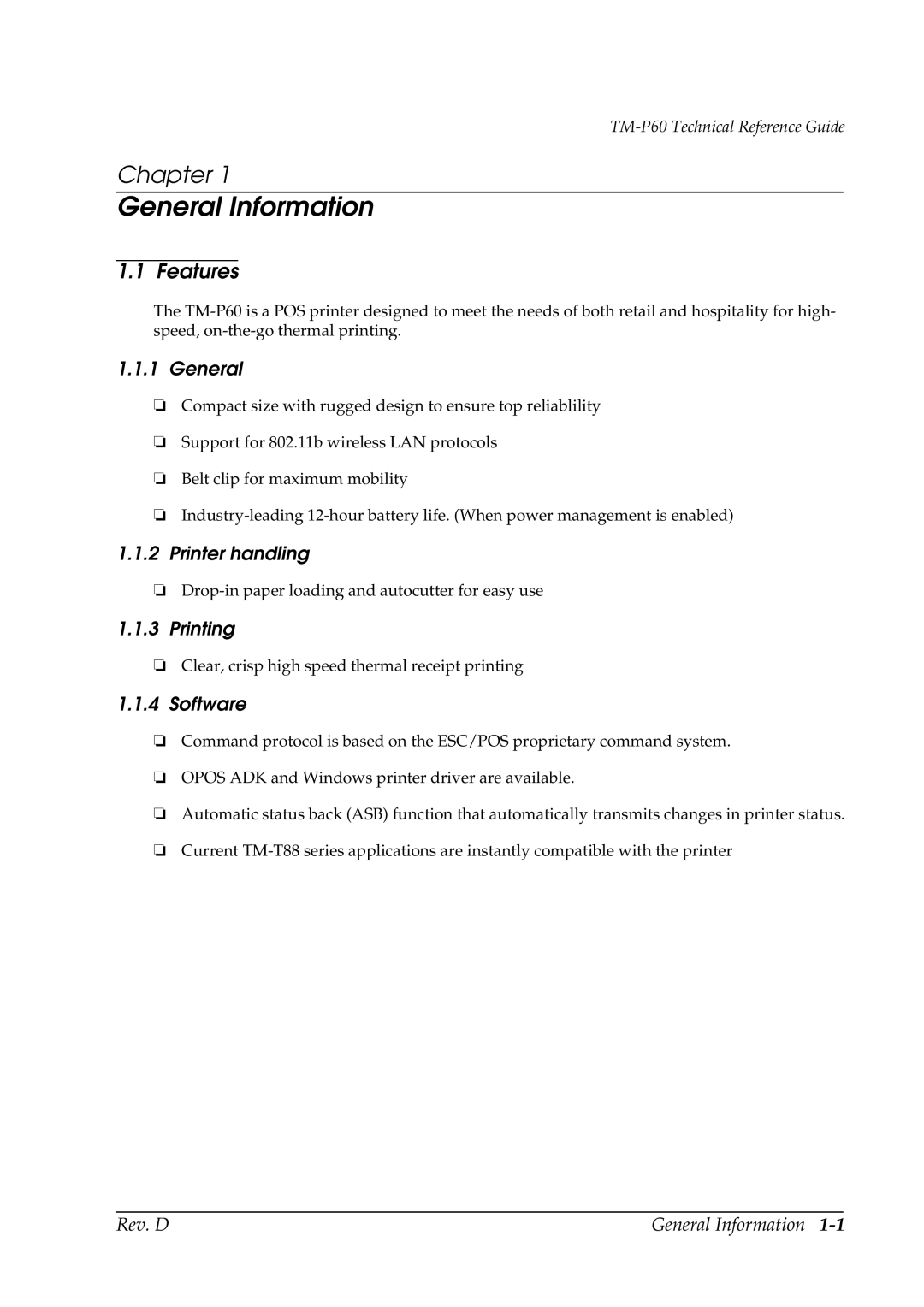 Epson TM-P60 manual Features, General, Printer handling, Printing, Software 