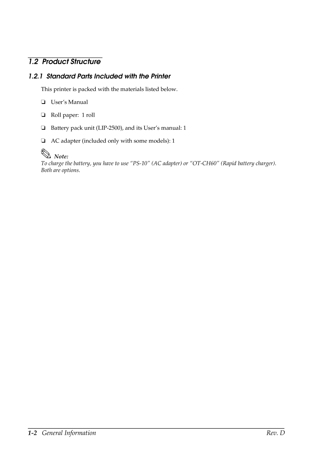 Epson TM-P60 manual Product Structure, Standard Parts Included with the Printer, 2General Information Rev. D 