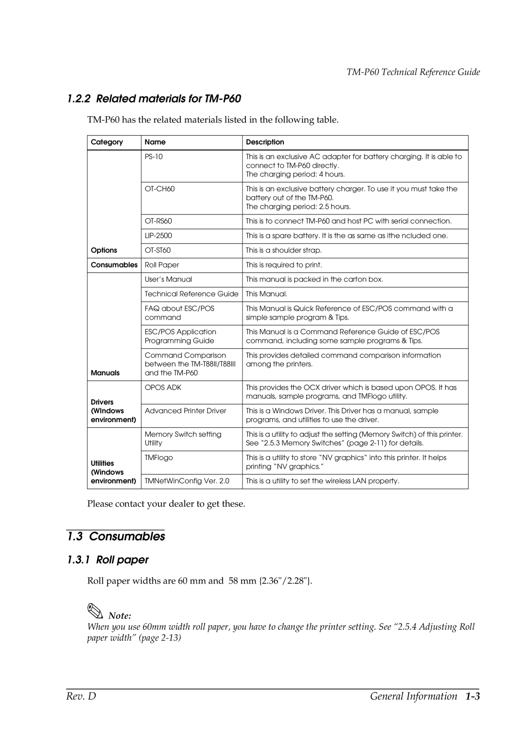 Epson manual Consumables, Related materials for TM-P60, Roll paper 