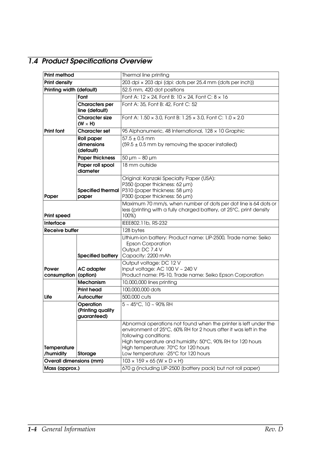 Epson TM-P60 manual Product Specifications Overview, 4General Information Rev. D 