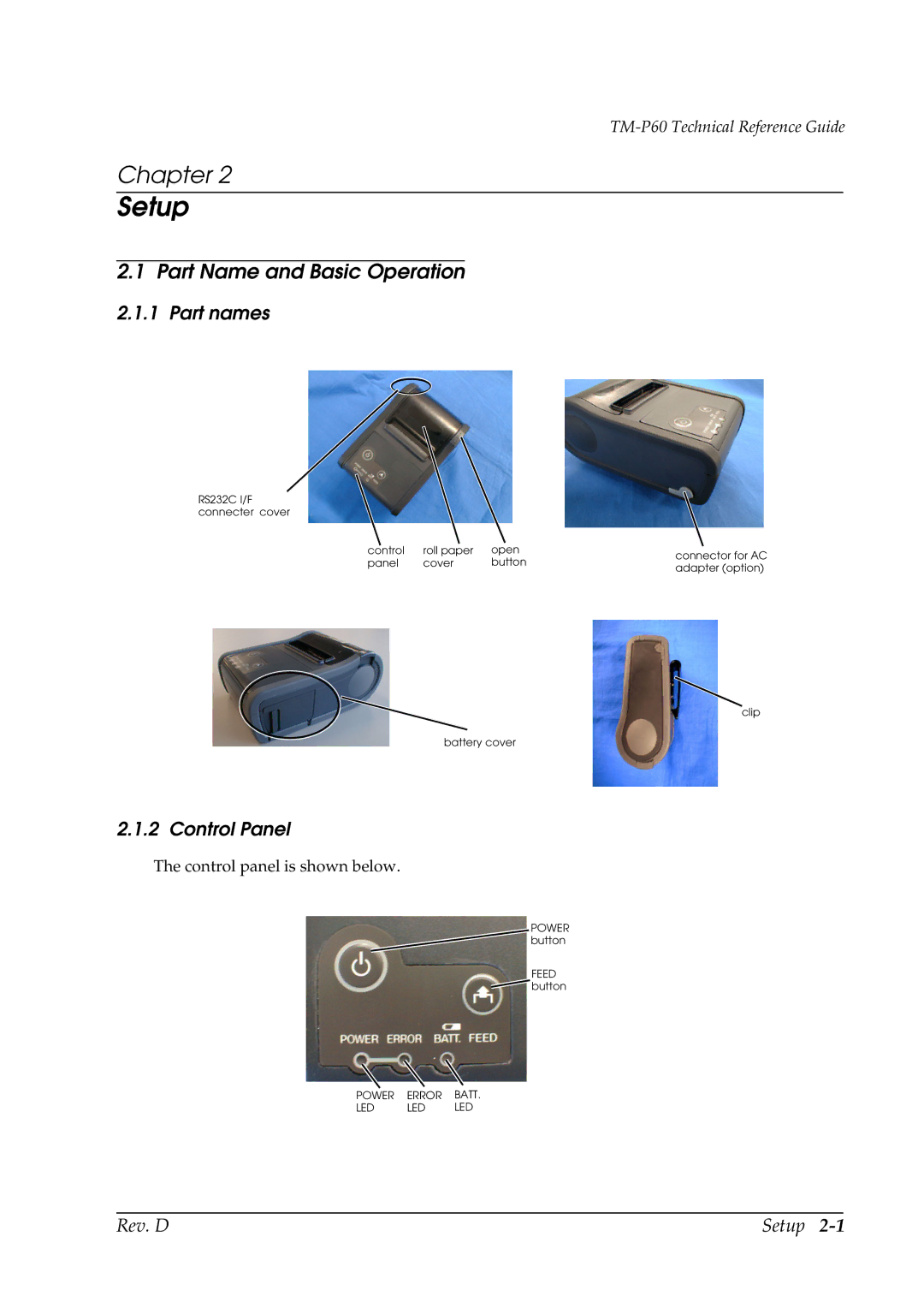 Epson TM-P60 manual Part Name and Basic Operation, Part names, Control Panel 