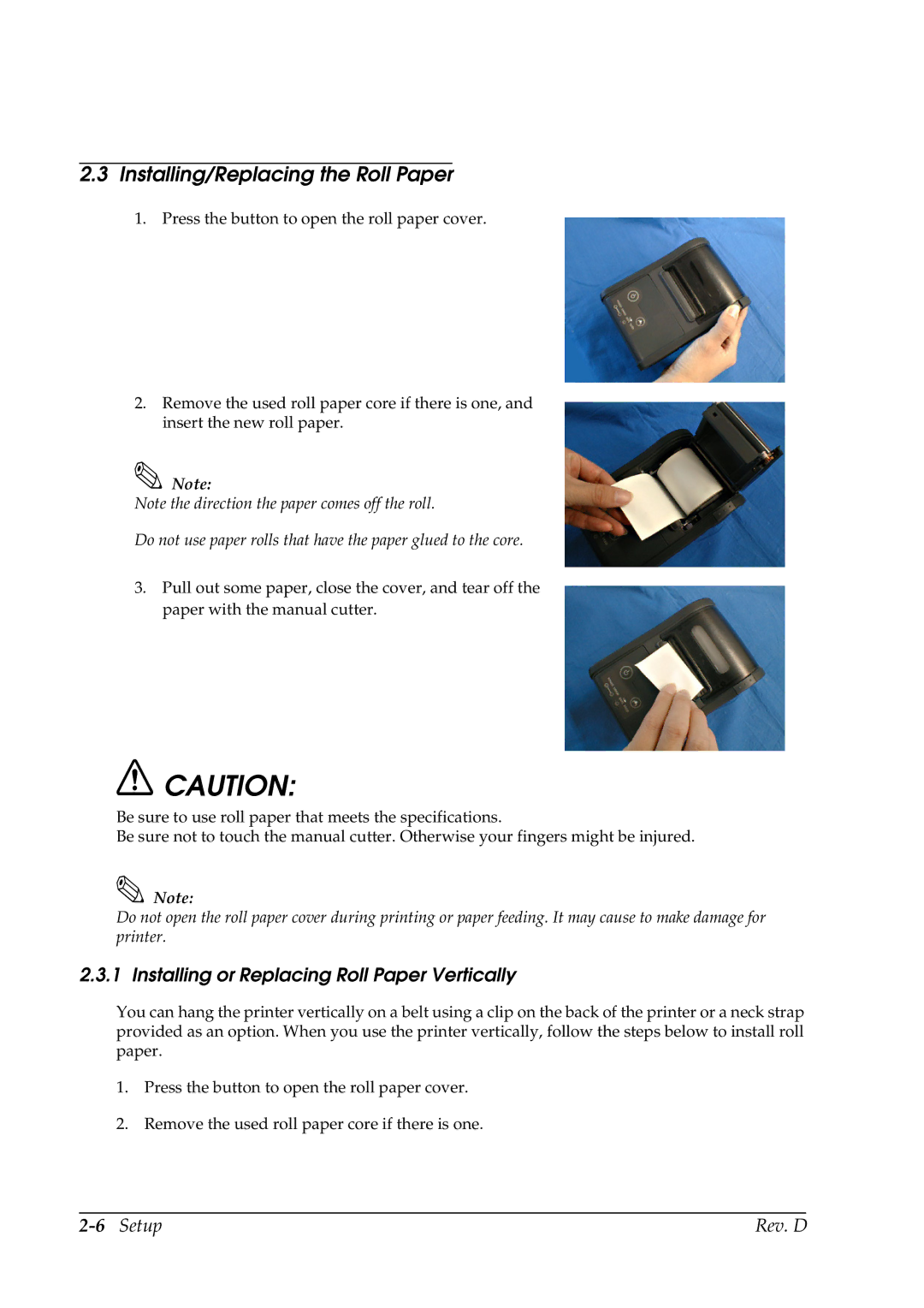 Epson TM-P60 manual Installing/Replacing the Roll Paper, Installing or Replacing Roll Paper Vertically, 6Setup Rev. D 