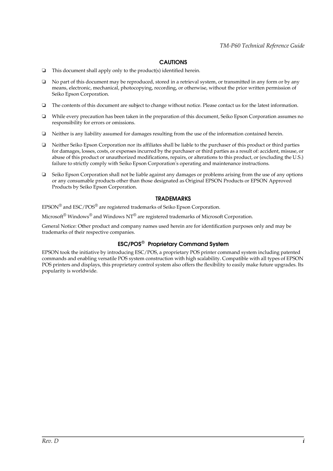 Epson manual TM-P60 Technical Reference Guide, Rev. D 