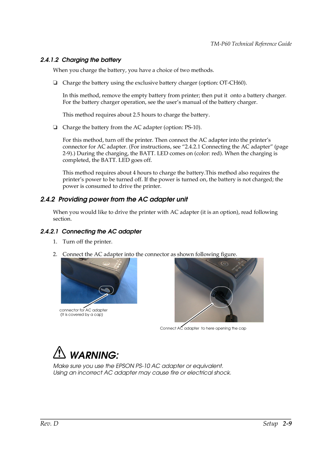 Epson TM-P60 manual Providing power from the AC adapter unit, Charging the battery, Connecting the AC adapter 