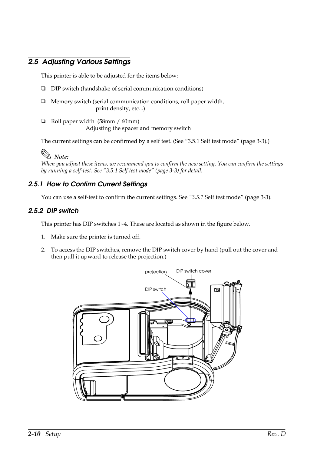 Epson TM-P60 manual Adjusting Various Settings, How to Confirm Current Settings, DIP switch, Setup Rev. D 