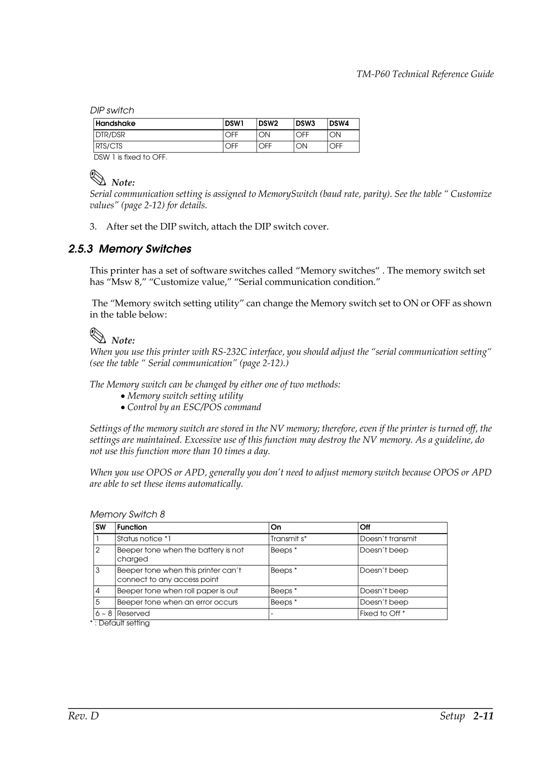 Epson TM-P60 manual Memory Switches 