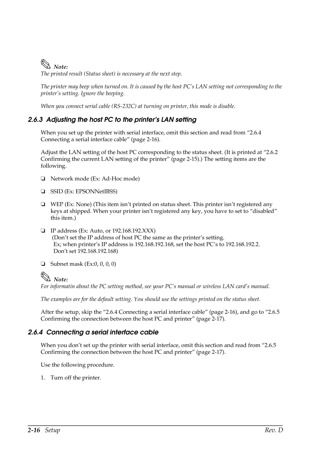 Epson TM-P60 manual Adjusting the host PC to the printer’s LAN setting, Connecting a serial interface cable 