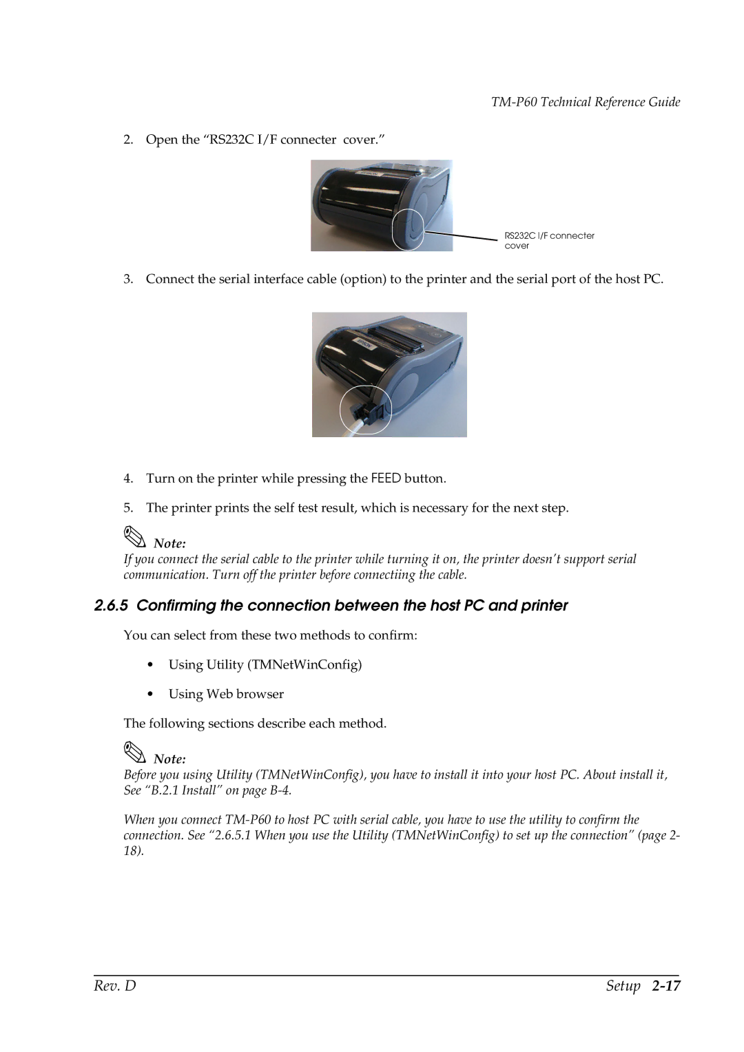 Epson manual Confirming the connection between the host PC and printer, TM-P60 Technical Reference Guide 