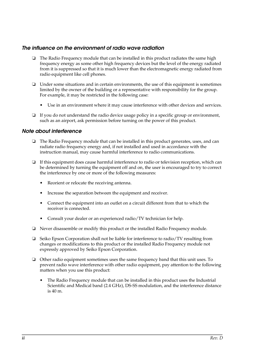 Epson TM-P60 manual Influence on the environment of radio wave radiation 