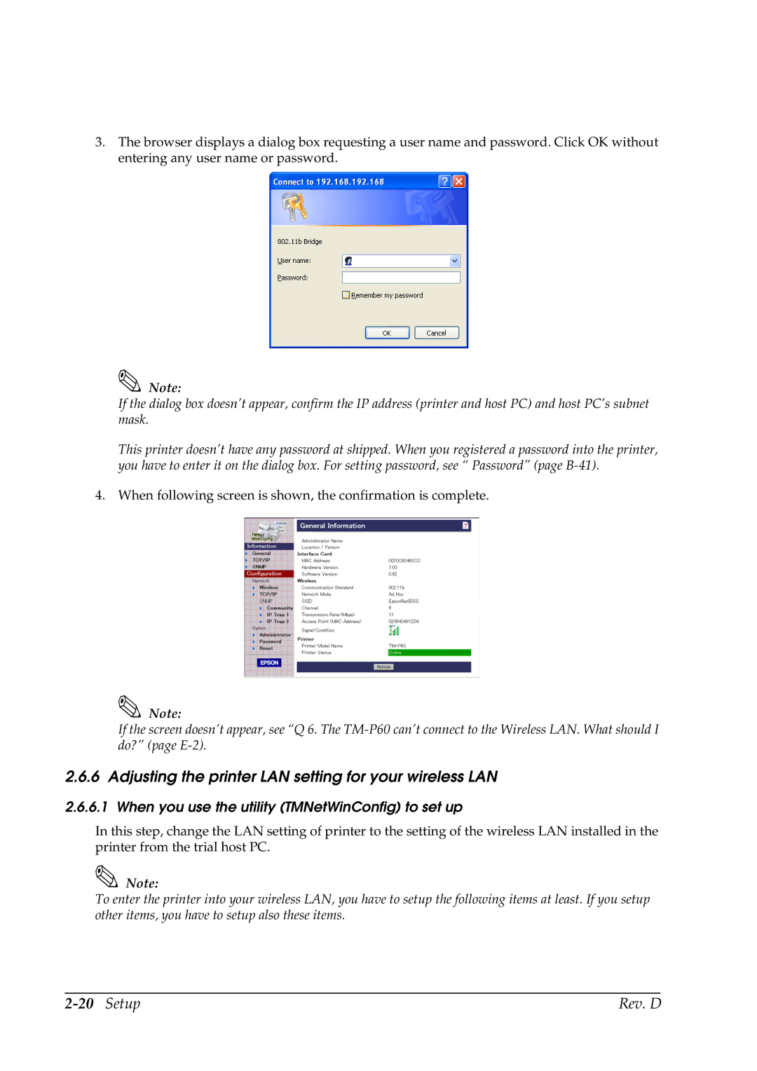 Epson TM-P60 Adjusting the printer LAN setting for your wireless LAN, When you use the utility TMNetWinConfig to set up 