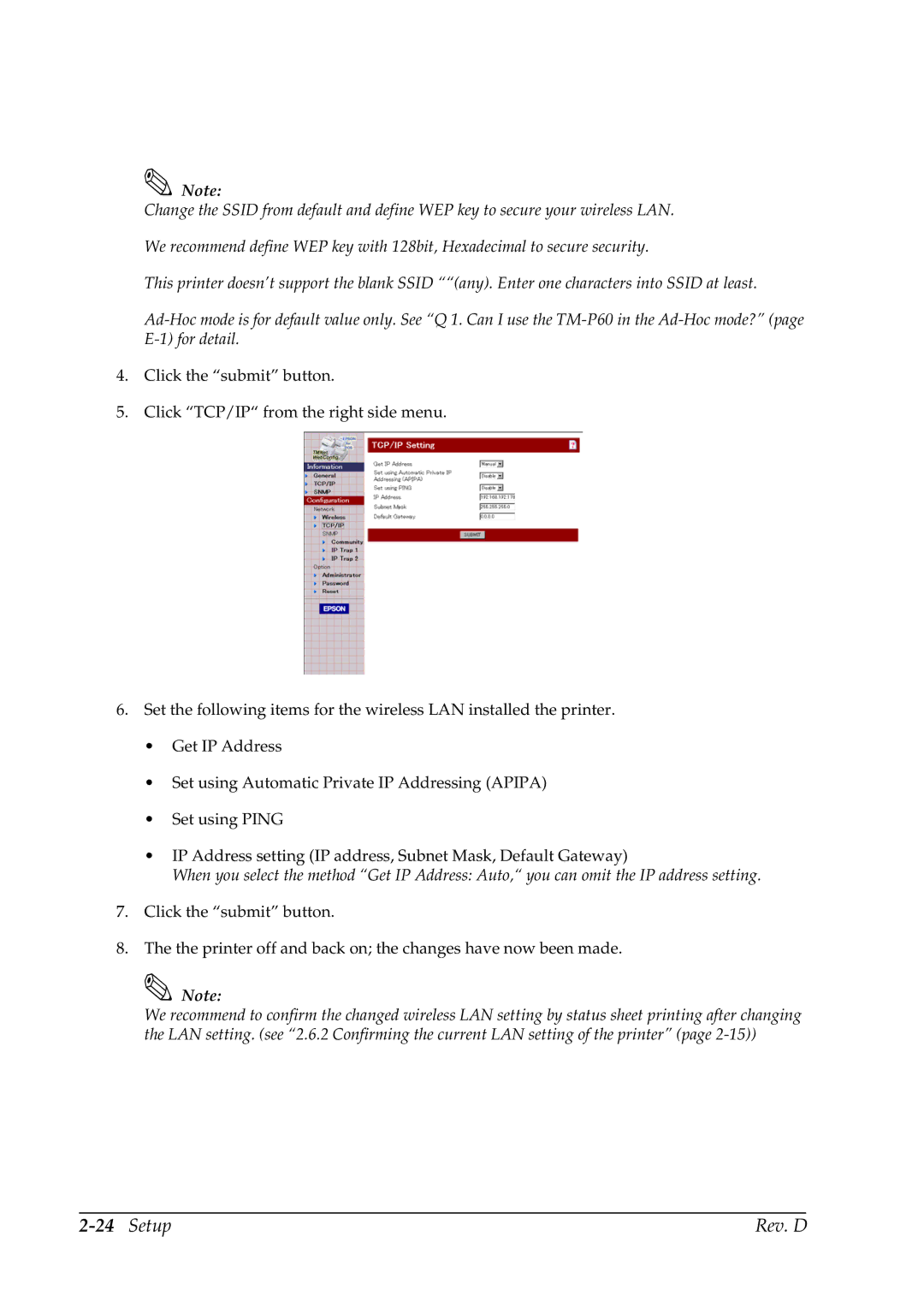 Epson TM-P60 manual Setup Rev. D 