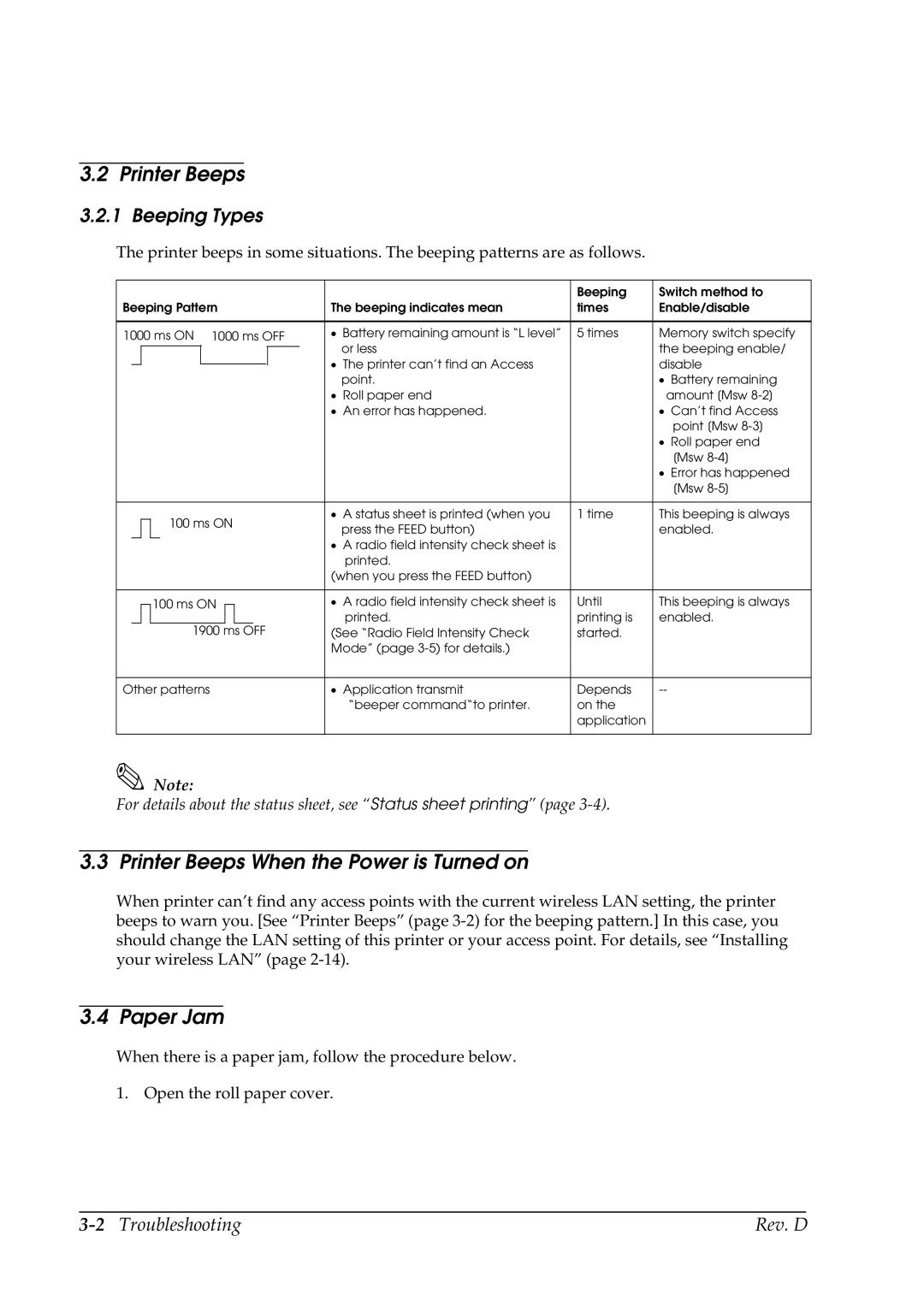 Epson TM-P60 manual Printer Beeps When the Power is Turned on, Paper Jam, Beeping Types, 2Troubleshooting Rev. D 