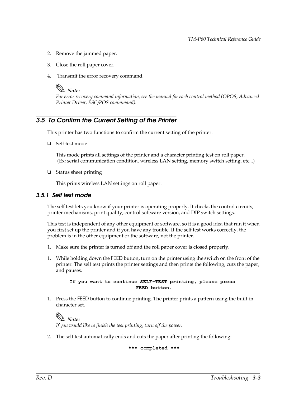 Epson TM-P60 manual To Confirm the Current Setting of the Printer, Self test mode 