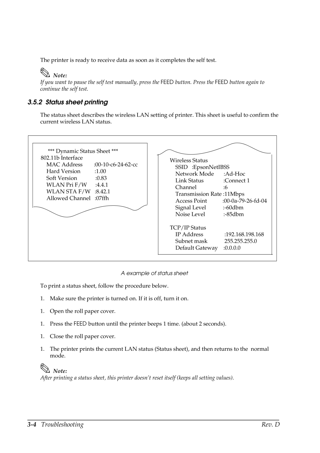 Epson TM-P60 manual Status sheet printing, 4Troubleshooting Rev. D 