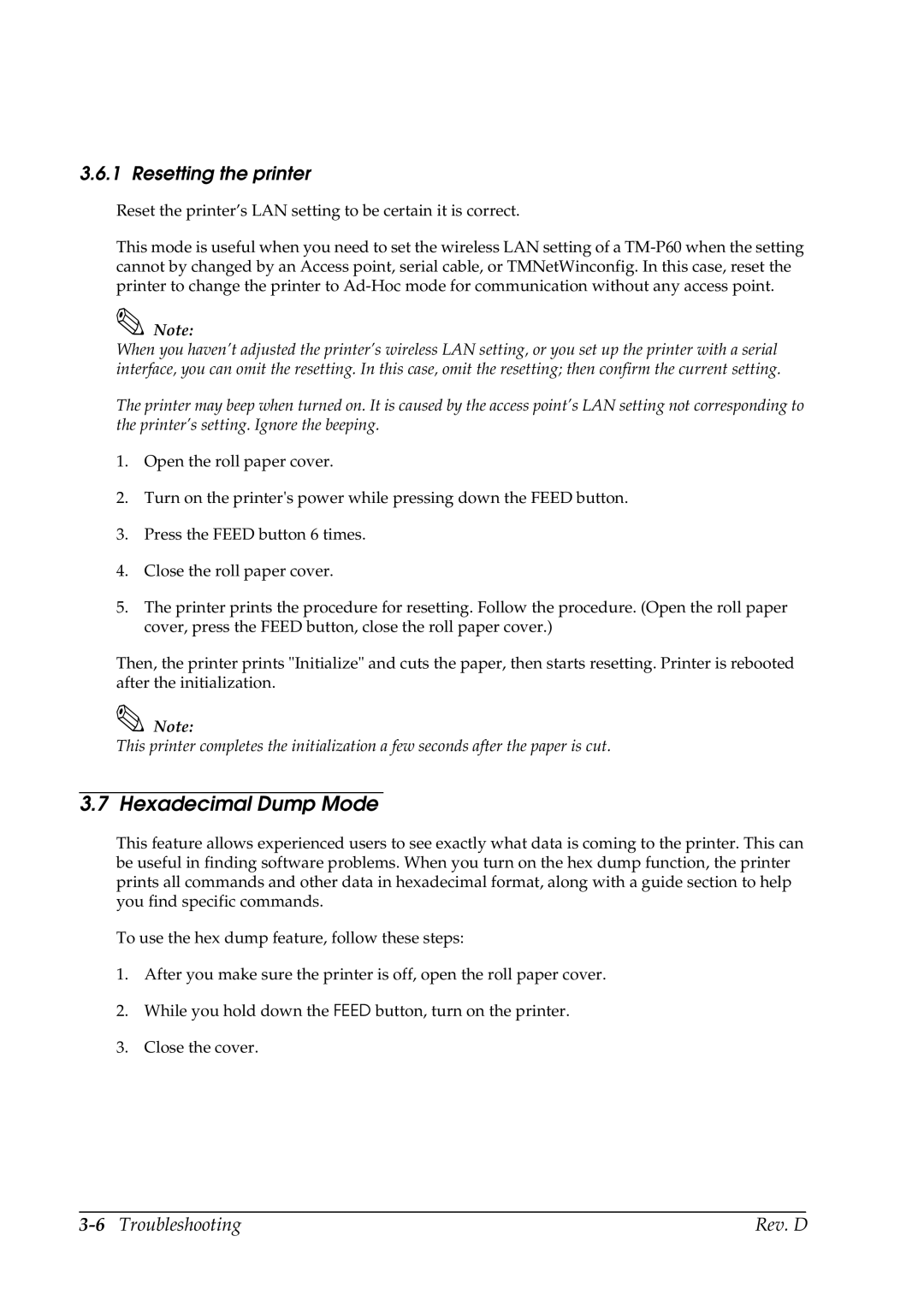 Epson TM-P60 manual Hexadecimal Dump Mode, Resetting the printer, 6Troubleshooting Rev. D 