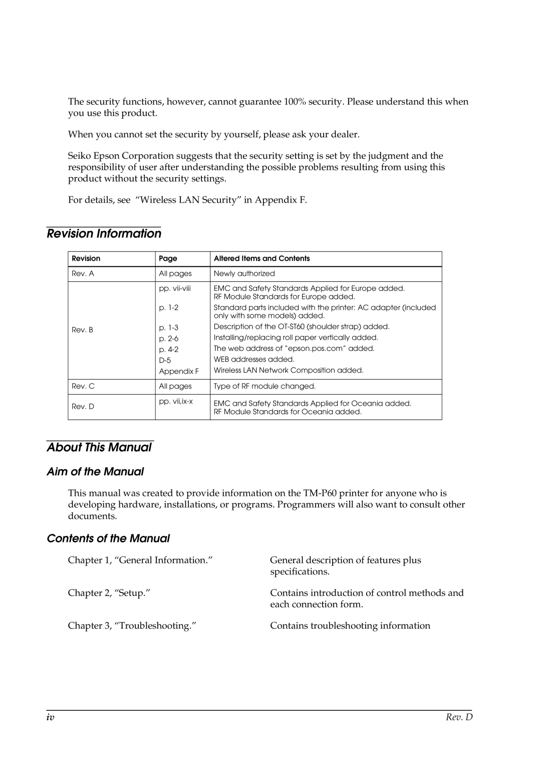 Epson TM-P60 manual Revision Information, About This Manual, Aim of the Manual, Contents of the Manual 