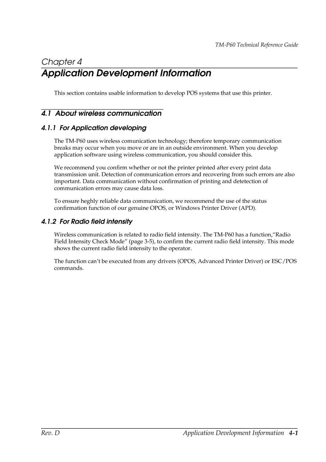 Epson TM-P60 manual About wireless communication, For Application developing, For Radio field intensity 