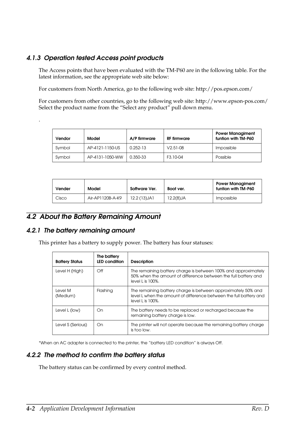 Epson TM-P60 manual About the Battery Remaining Amount, Operation tested Access point products, Battery remaining amount 