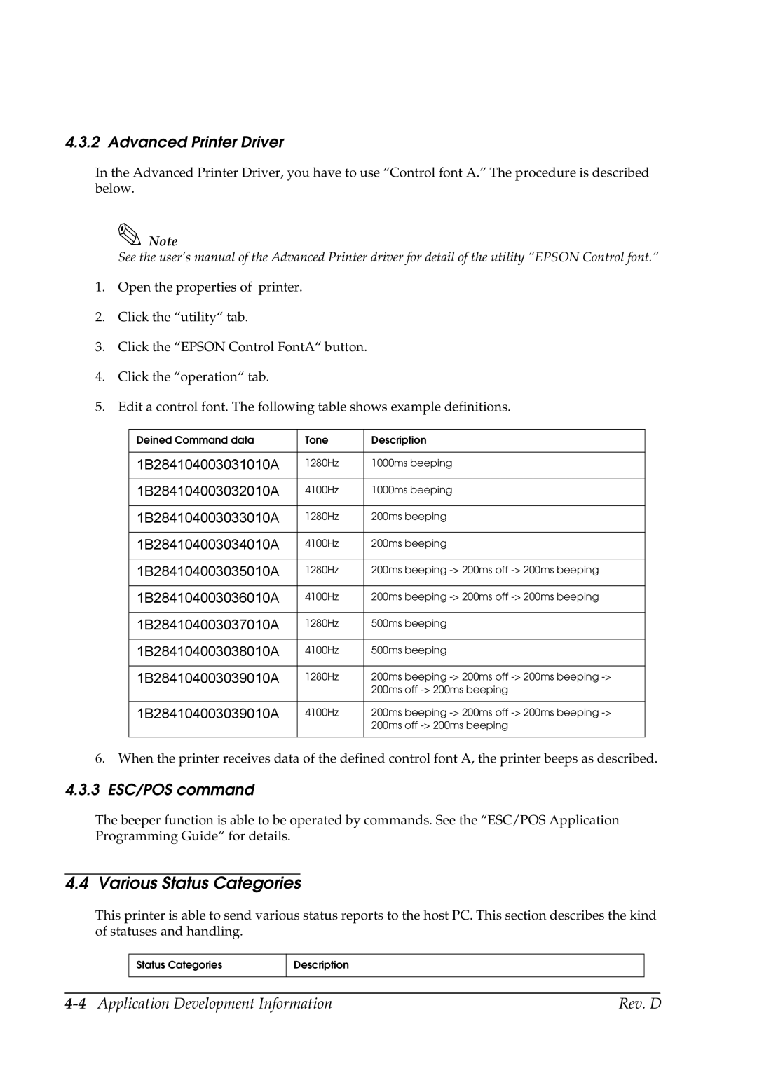 Epson TM-P60 manual Various Status Categories, Advanced Printer Driver, 3 ESC/POS command 