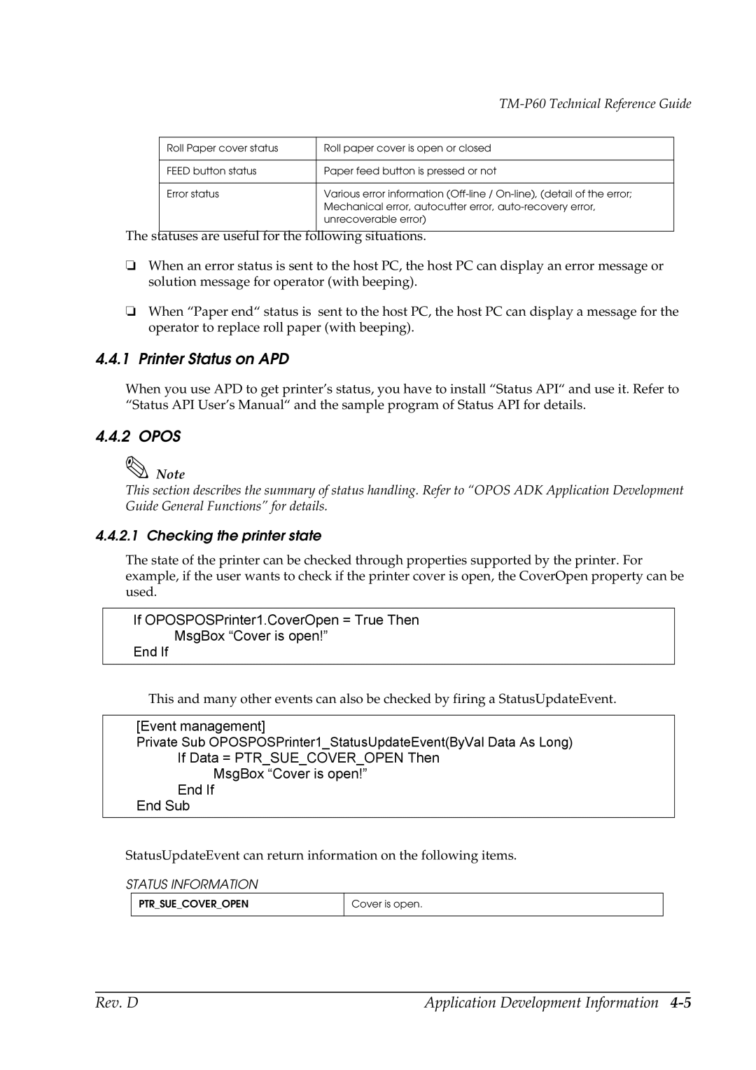 Epson TM-P60 manual Printer Status on APD, Checking the printer state 