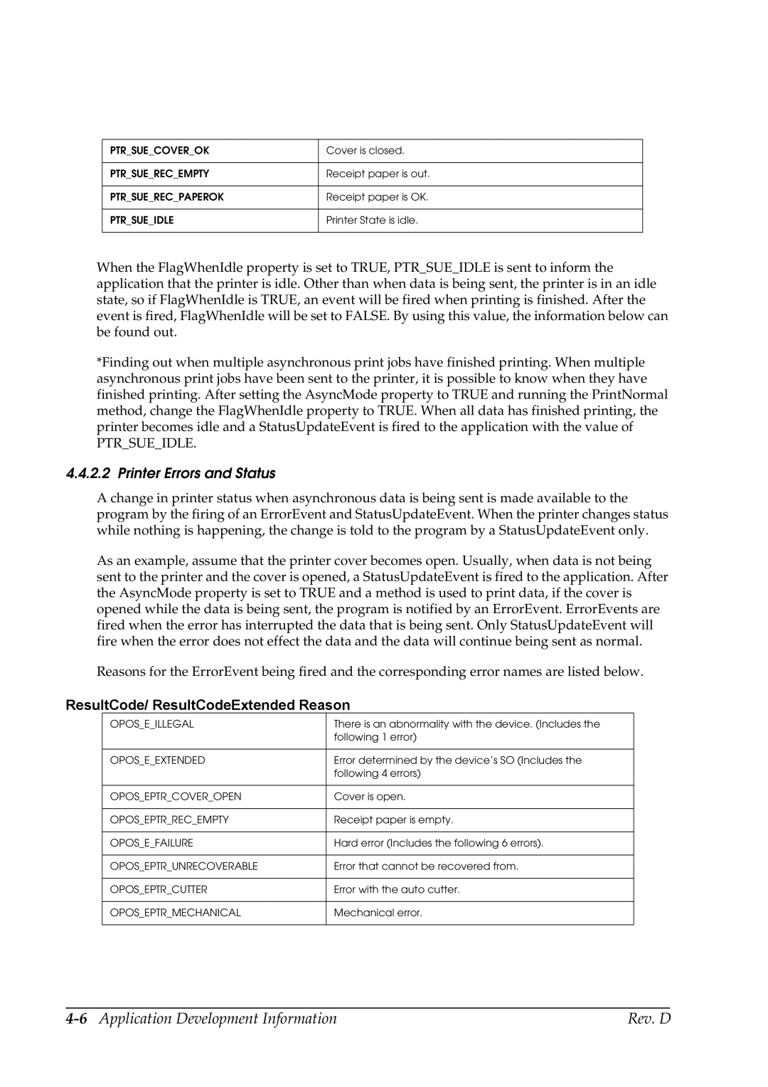 Epson TM-P60 manual 6Application Development Information Rev. D, Printer Errors and Status 