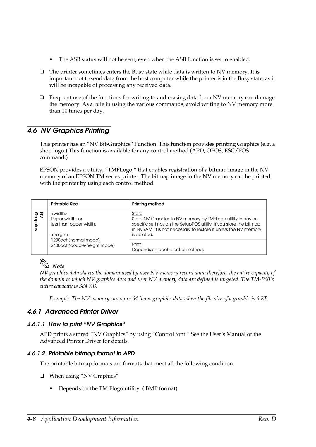 Epson TM-P60 manual NV Graphics Printing, 8Application Development Information Rev. D, How to print NV Graphics 