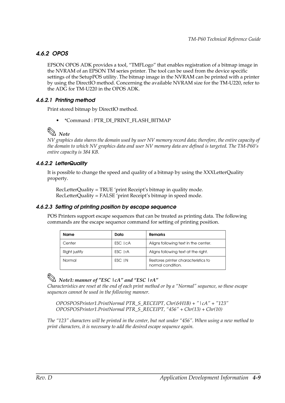 Epson TM-P60 manual Printing method, LetterQuality, Setting of printing position by escape sequence 