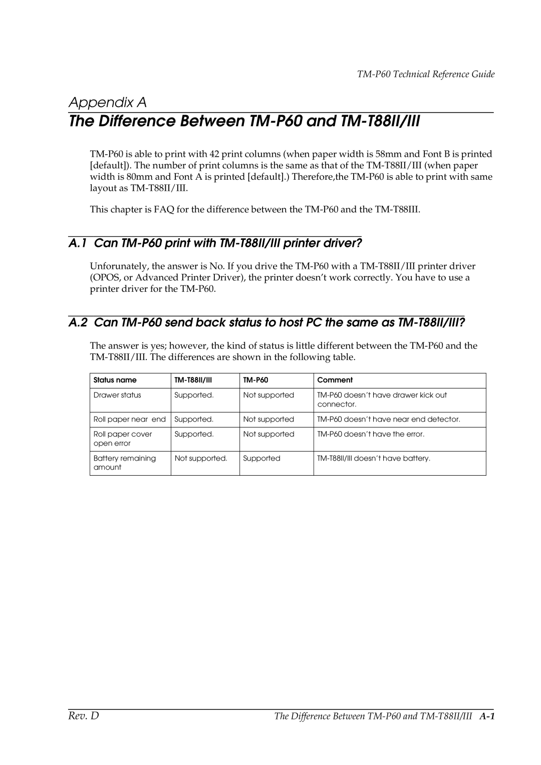 Epson manual Can TM-P60 print with TM-T88II/III printer driver?, Difference Between TM-P60 and TM-T88II/III A-1 