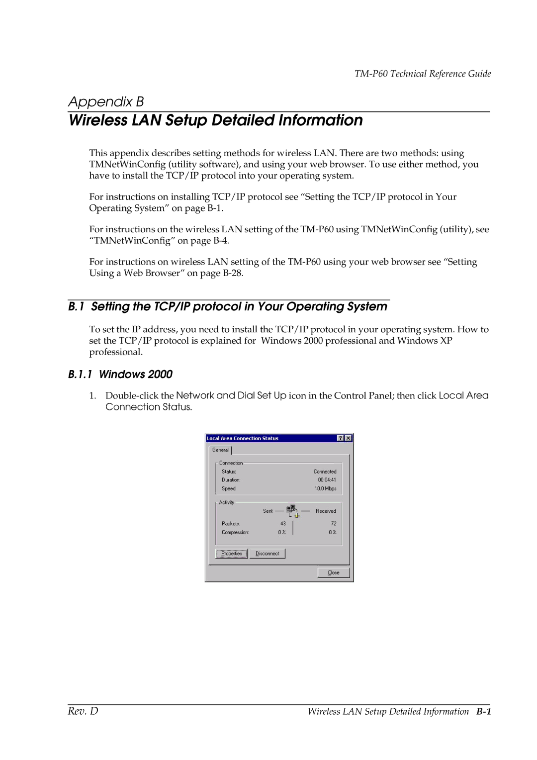 Epson TM-P60 Setting the TCP/IP protocol in Your Operating System, Windows, Wireless LAN Setup Detailed Information B-1 