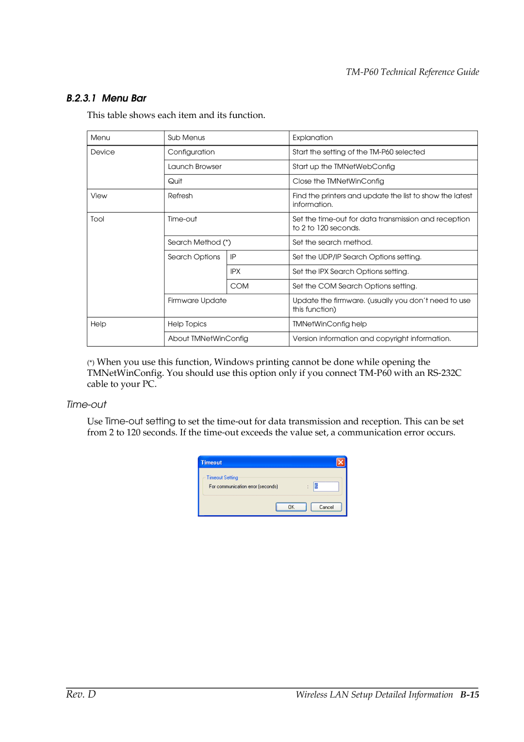 Epson TM-P60 manual Menu Bar, Time-out, Wireless LAN Setup Detailed Information B-15 