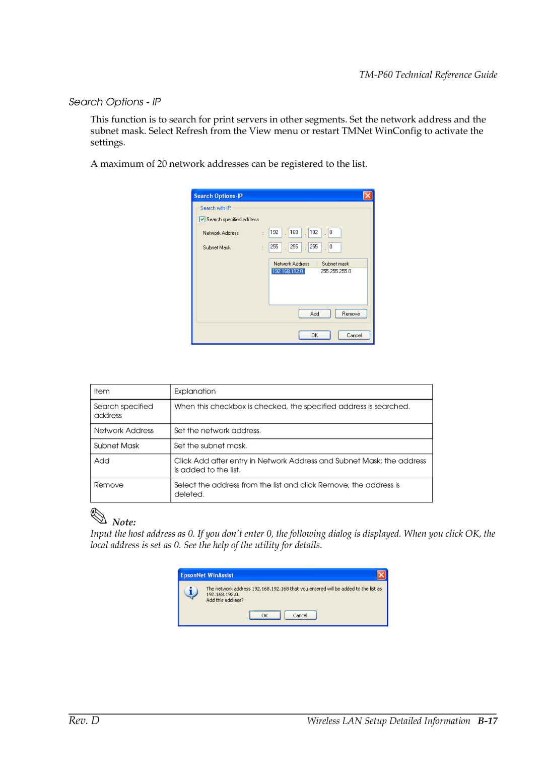 Epson TM-P60 manual Search Options IP, Wireless LAN Setup Detailed Information B-17 