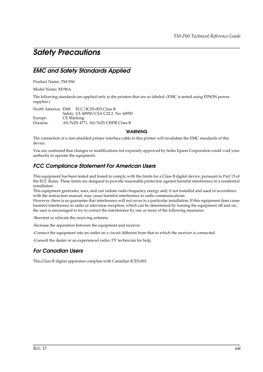 Epson TM-P60 manual EMC and Safety Standards Applied, FCC Compliance Statement For American Users, For Canadian Users 