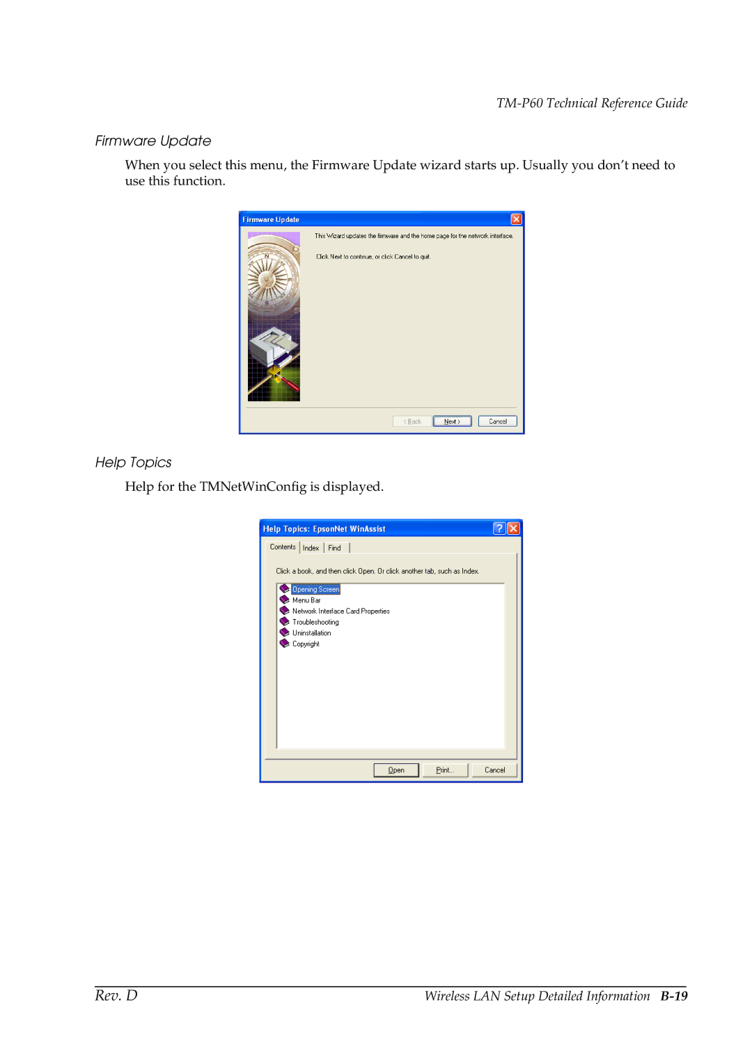 Epson TM-P60 manual Firmware Update, Help Topics, Wireless LAN Setup Detailed Information B-19 