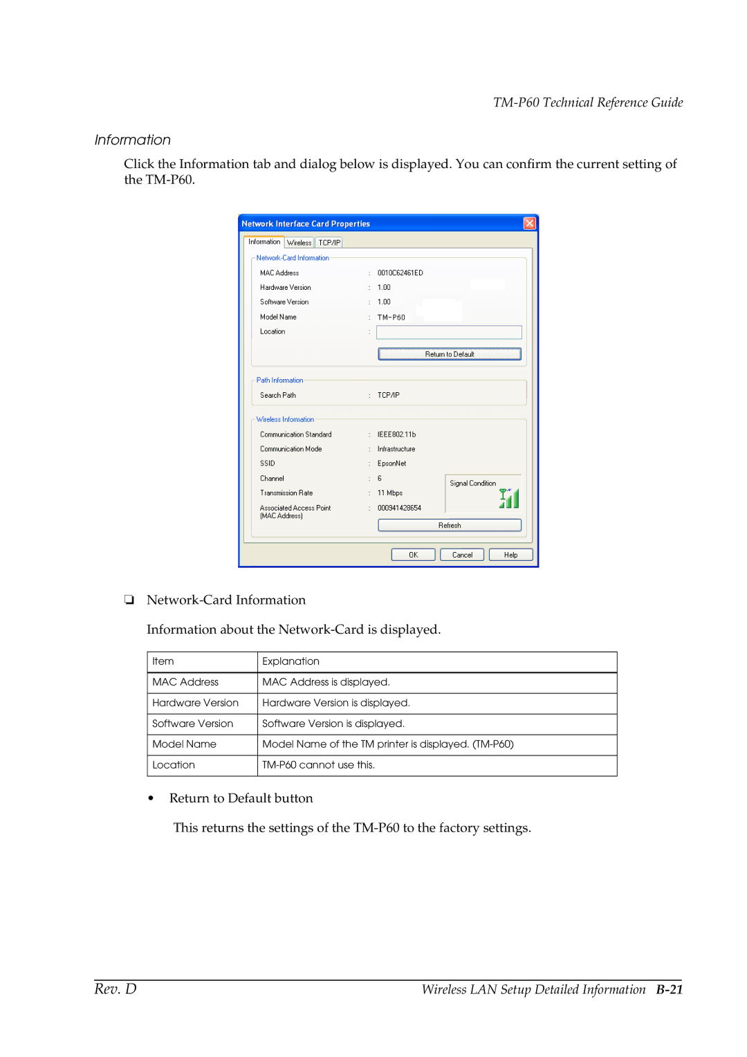 Epson TM-P60 manual Wireless LAN Setup Detailed Information B-21 