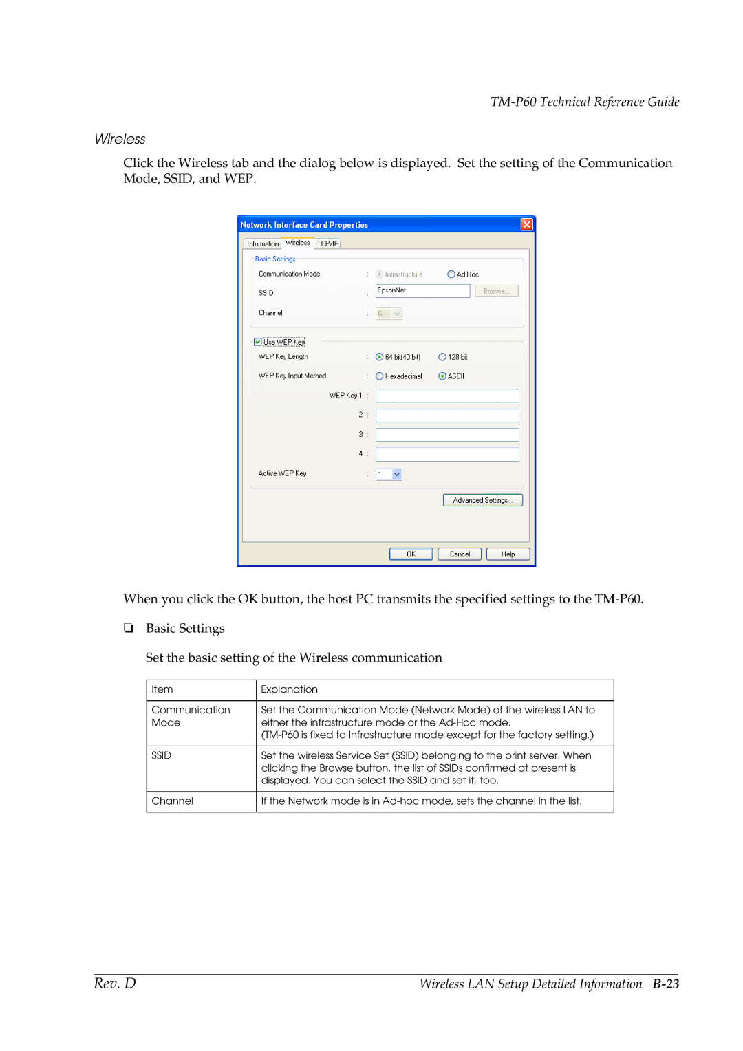 Epson TM-P60 manual Wireless LAN Setup Detailed Information B-23 