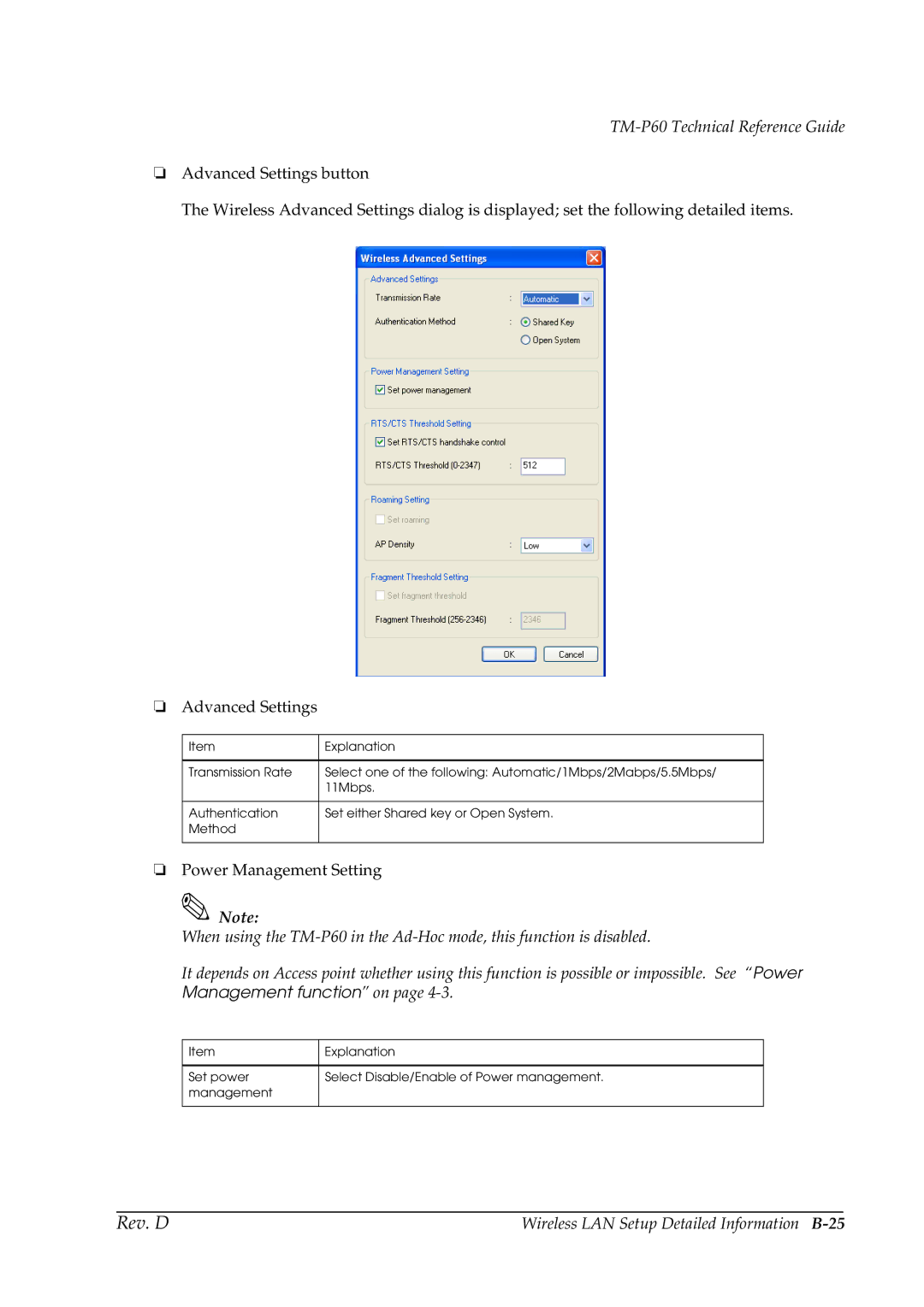 Epson TM-P60 manual Wireless LAN Setup Detailed Information B-25 