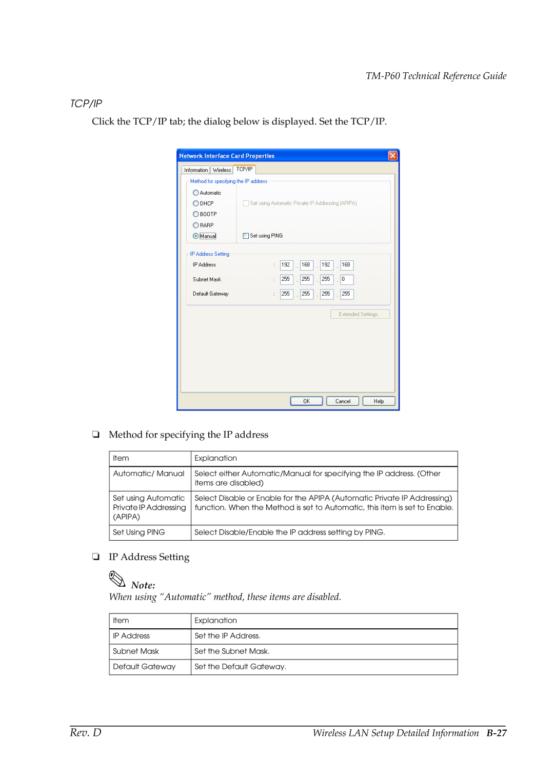 Epson TM-P60 manual When using Automatic method, these items are disabled, Wireless LAN Setup Detailed Information B-27 