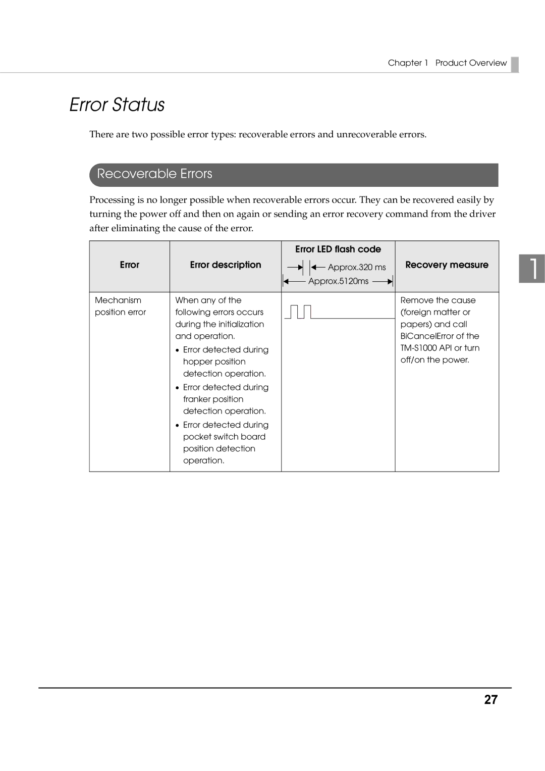 Epson TM-S1000 specifications Error Status, Recoverable Errors, Error LED flash code Error description, Recovery measure 