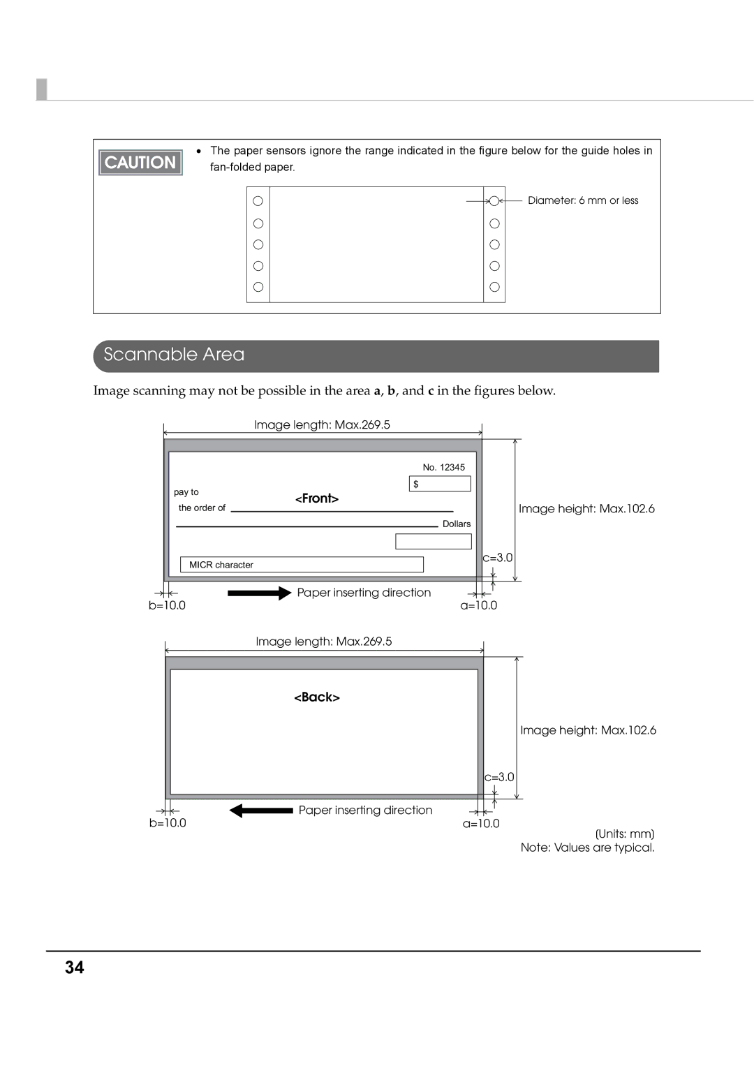 Epson TM-S1000 specifications Scannable Area, Front, Back 